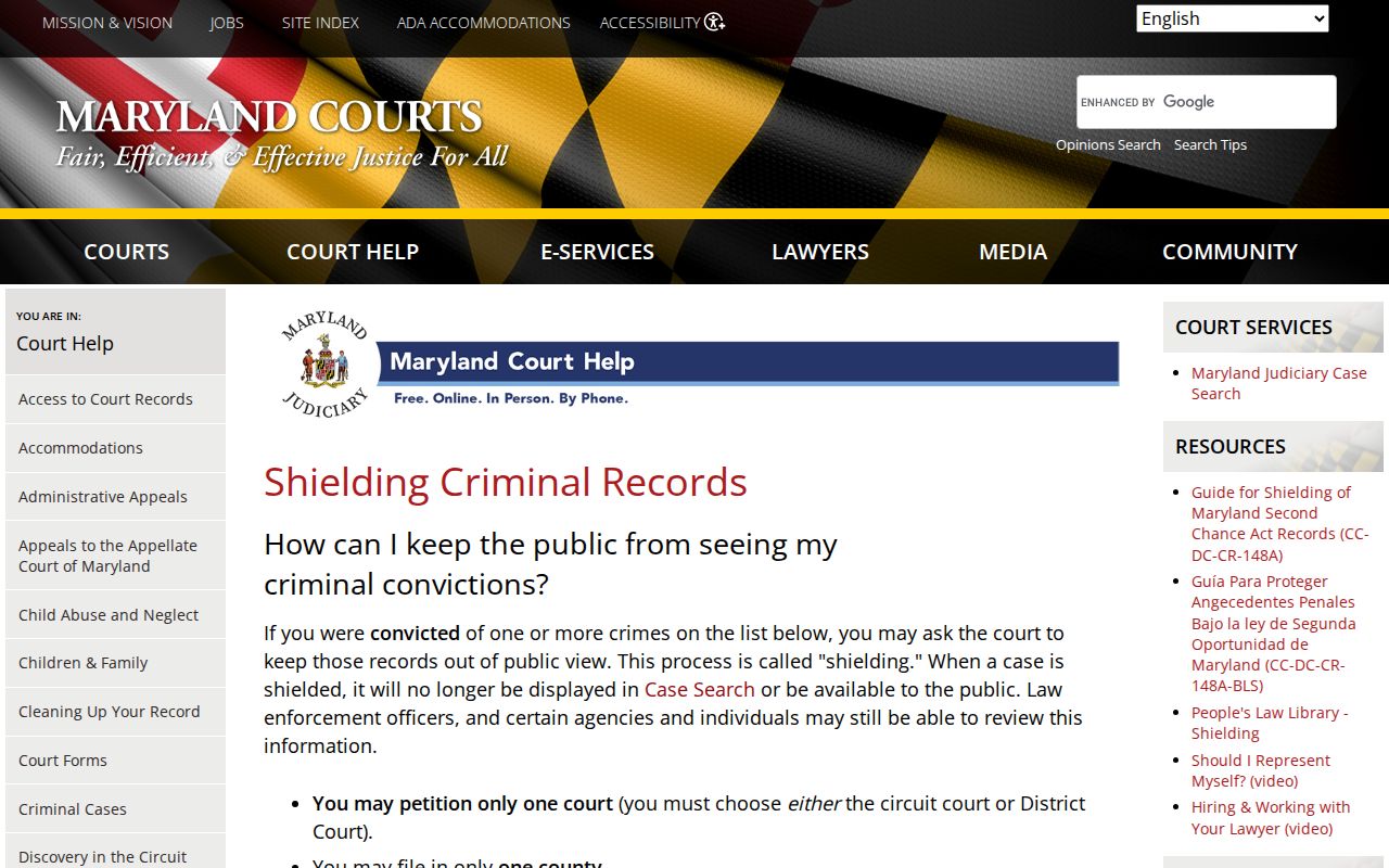 Maryland criminal court records shielding guidance