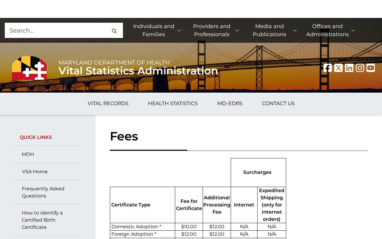 Maryland marriage and divorce record fee schedule from Division of Vital Records