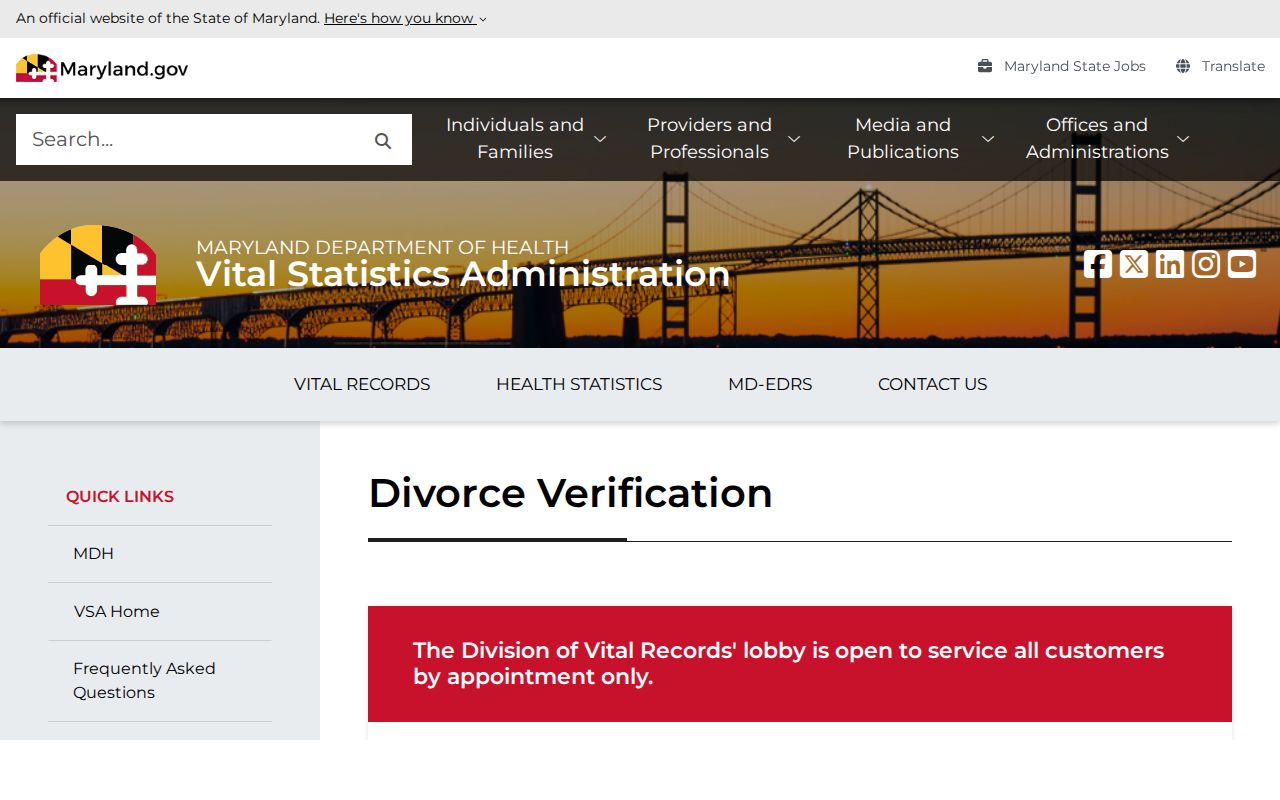 Maryland divorce records verification ordering and limitations page