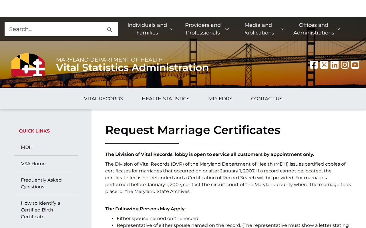 Maryland marriage records eligibility and certificate ordering page