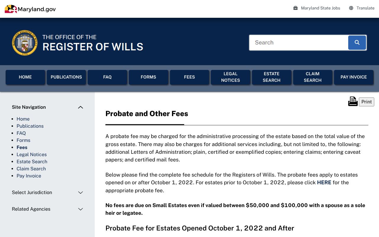 Maryland probate records statewide fee schedule