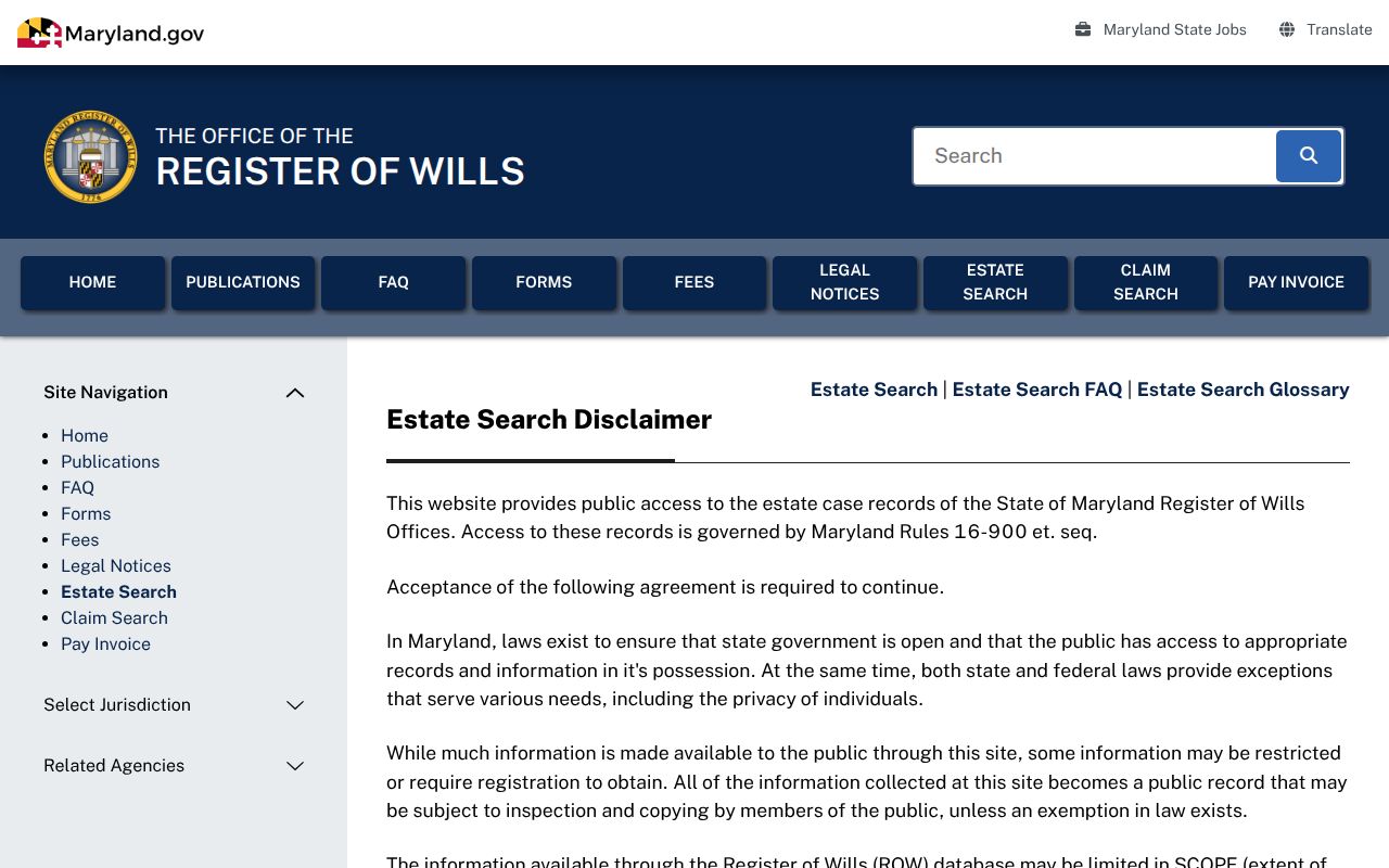 Maryland probate records EstateSearch portal