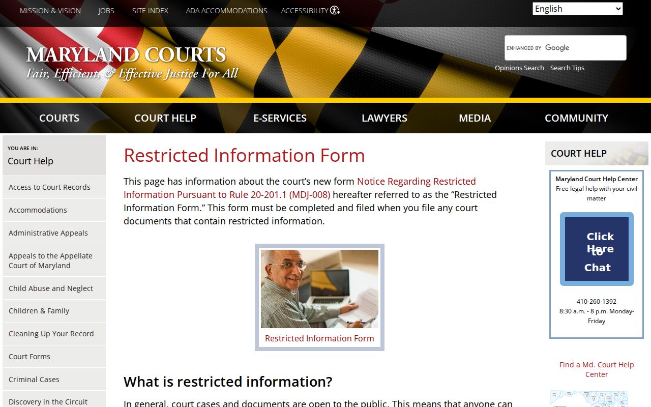 Maryland court records restricted information categories