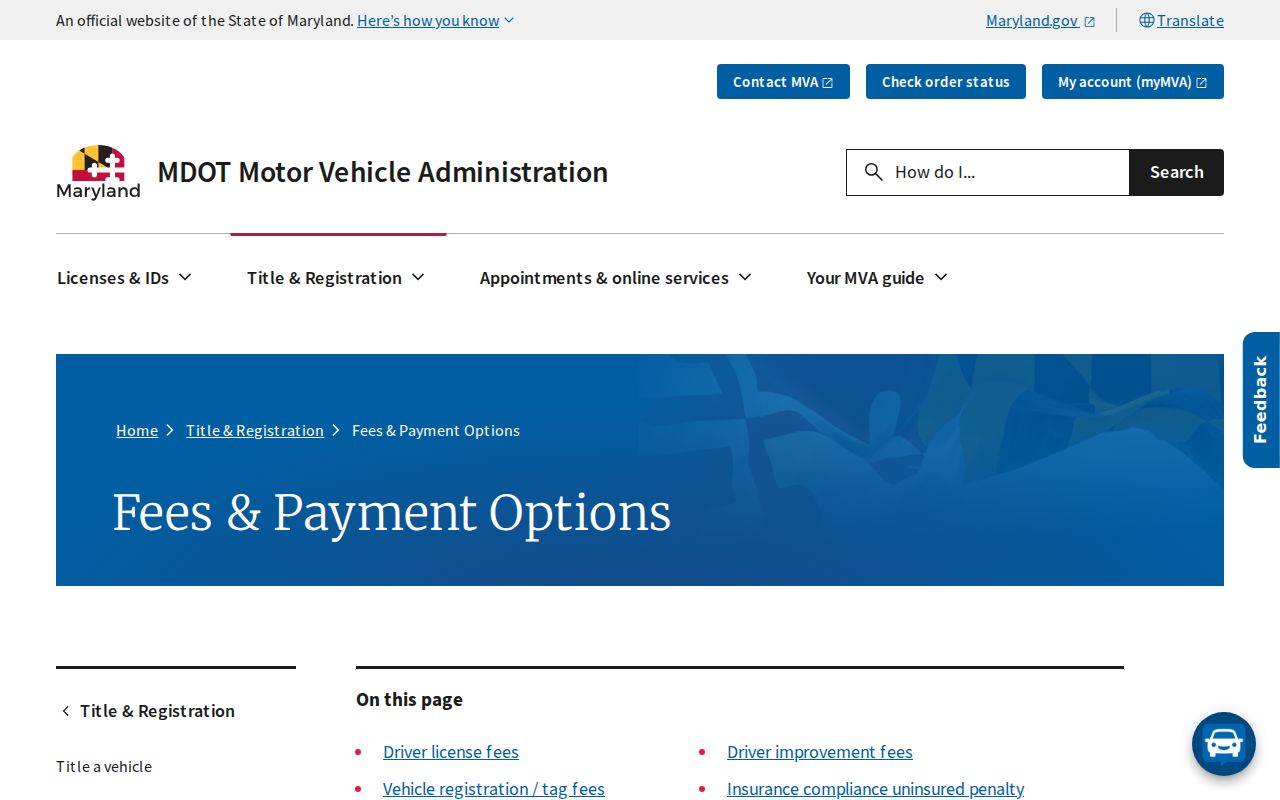 Maryland traffic court records and current MVA record fee page