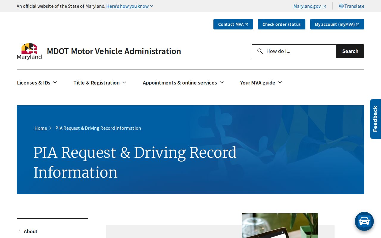 Maryland traffic court records and MDOT MVA driving record request page
