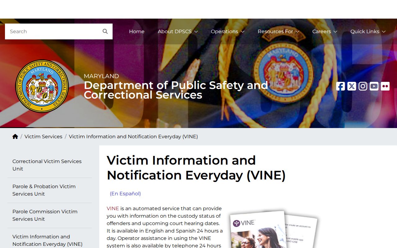 Maryland warrant records and VINE custody notification page